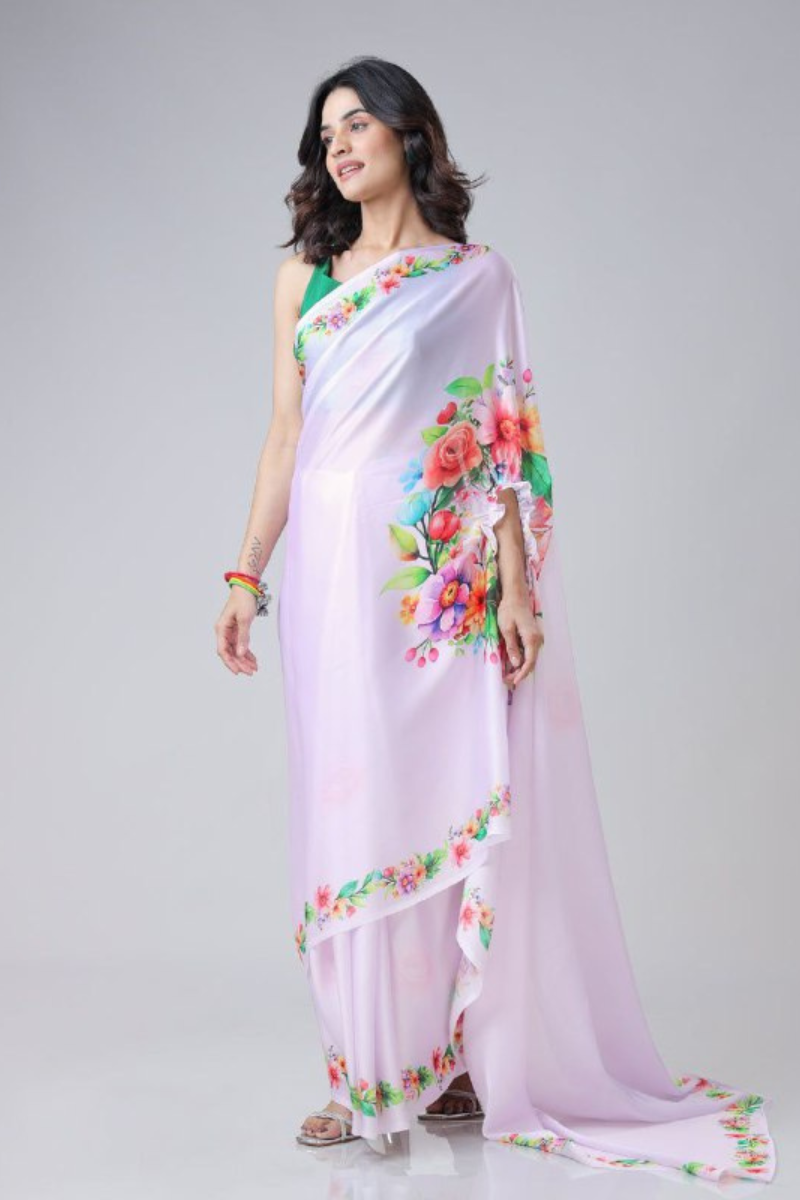 Digital Printing of a Pink Satin Creap Silk Saree