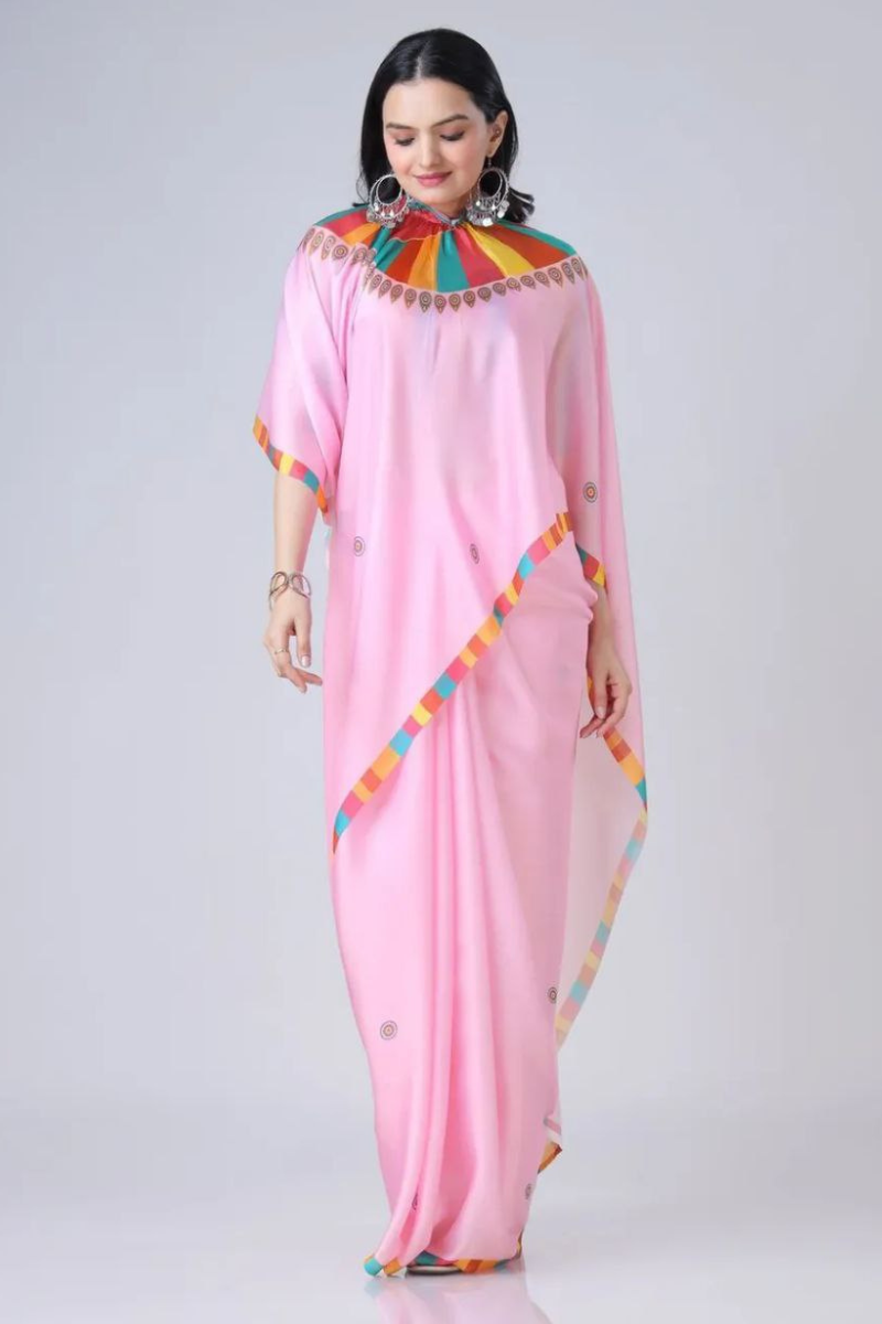 Digital Printing of a Pink Satin Creap Silk Saree