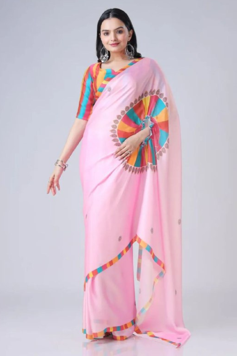 Digital Printing of a Pink Satin Creap Silk Saree