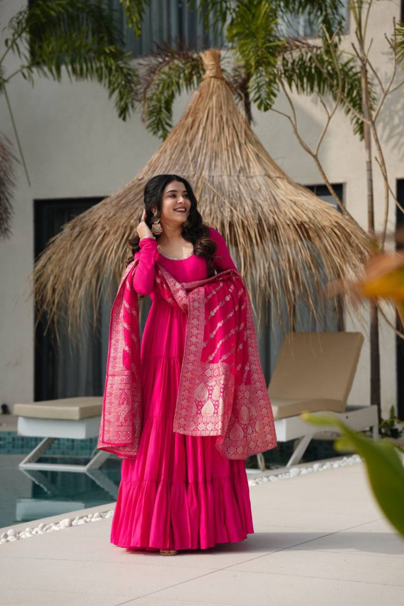 Anarkali Gown in Pink Soft Georgette with Georgette Dupatta Set