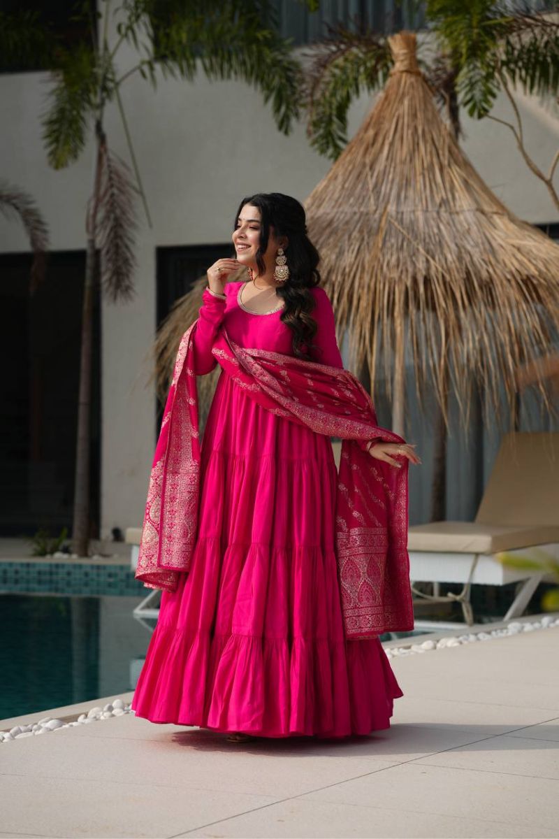 Anarkali Gown in Pink Soft Georgette with Georgette Dupatta Set