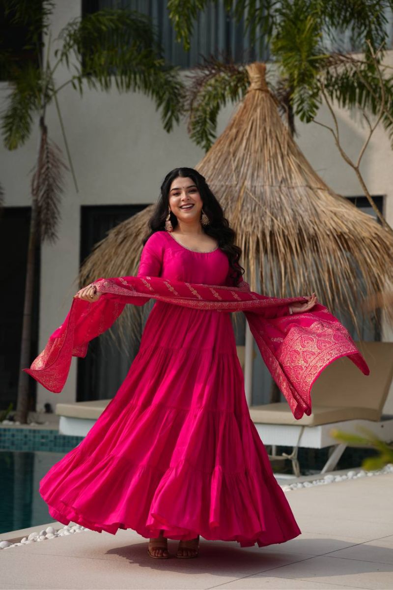 Anarkali Gown in Pink Soft Georgette with Georgette Dupatta Set