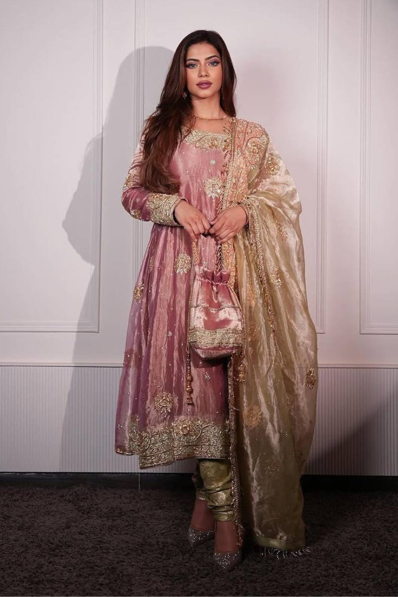 Anarkali Gown in Pink Zimmy Cho Silk with Dupatta Pant Set
