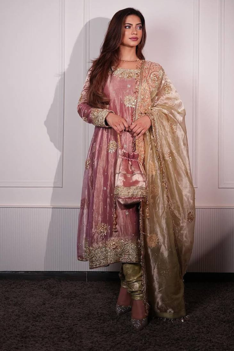 Anarkali Gown in Pink Zimmy Cho Silk with Dupatta Pant Set