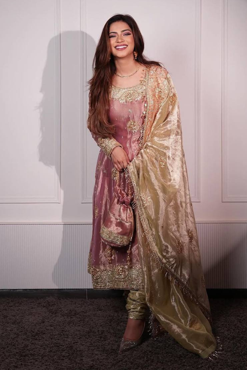 Anarkali Gown in Pink Zimmy Cho Silk with Dupatta Pant Set