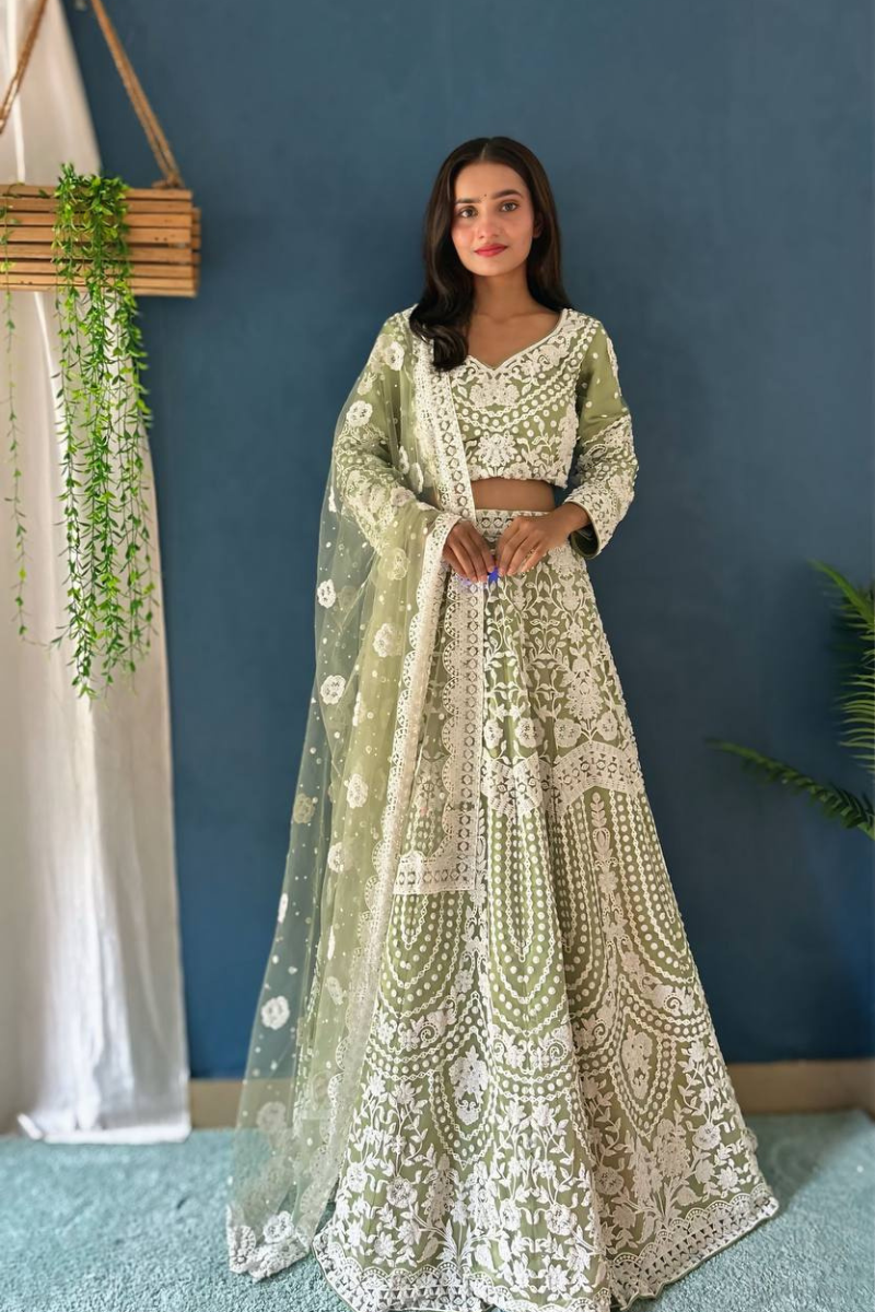 Pista Green Lehanga Choli Dupatta Set Pure Bitts Pearl Design Work