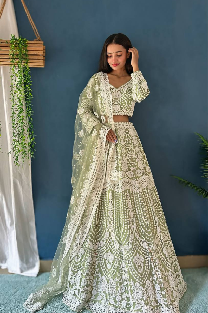 Pista Green Lehanga Choli Dupatta Set Pure Bitts Pearl Design Work