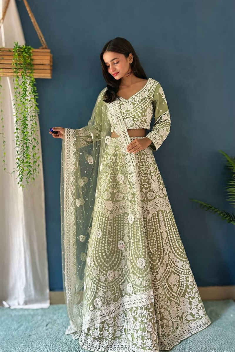 Pista Green Lehanga Choli Dupatta Set Pure Bitts Pearl Design Work