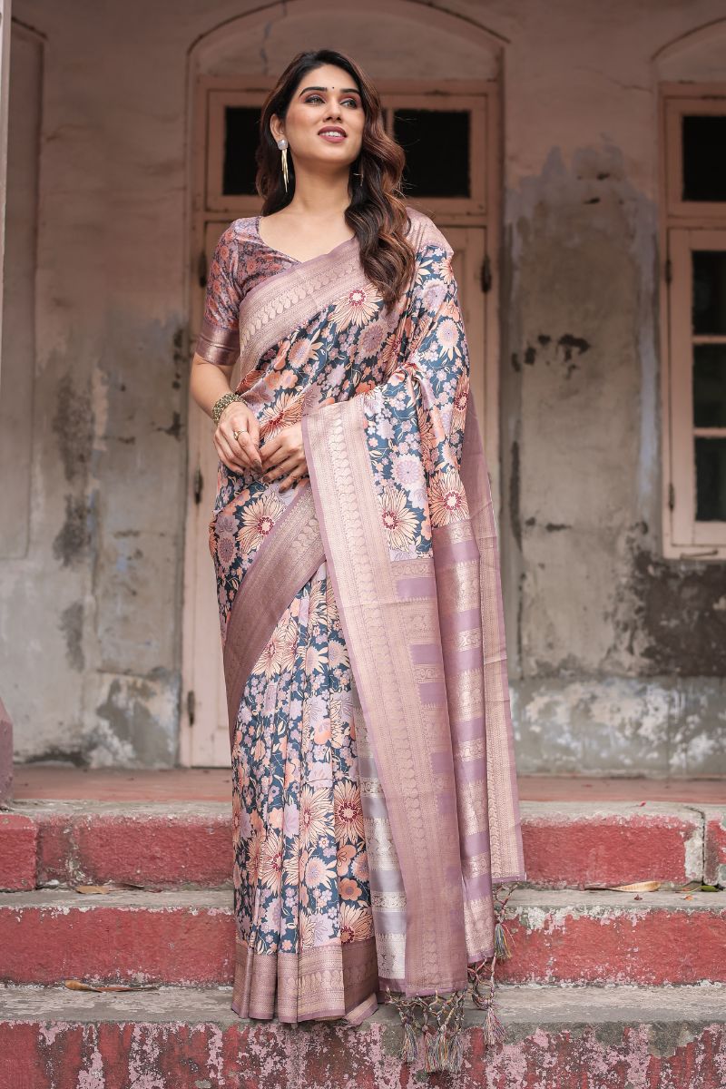 High-end Banarasi Silk Saree with Digital Floral Print