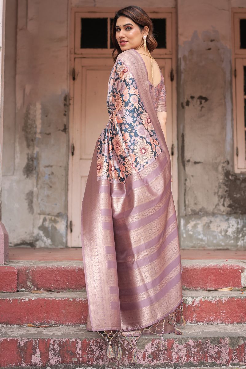 High-end Banarasi Silk Saree with Digital Floral Print