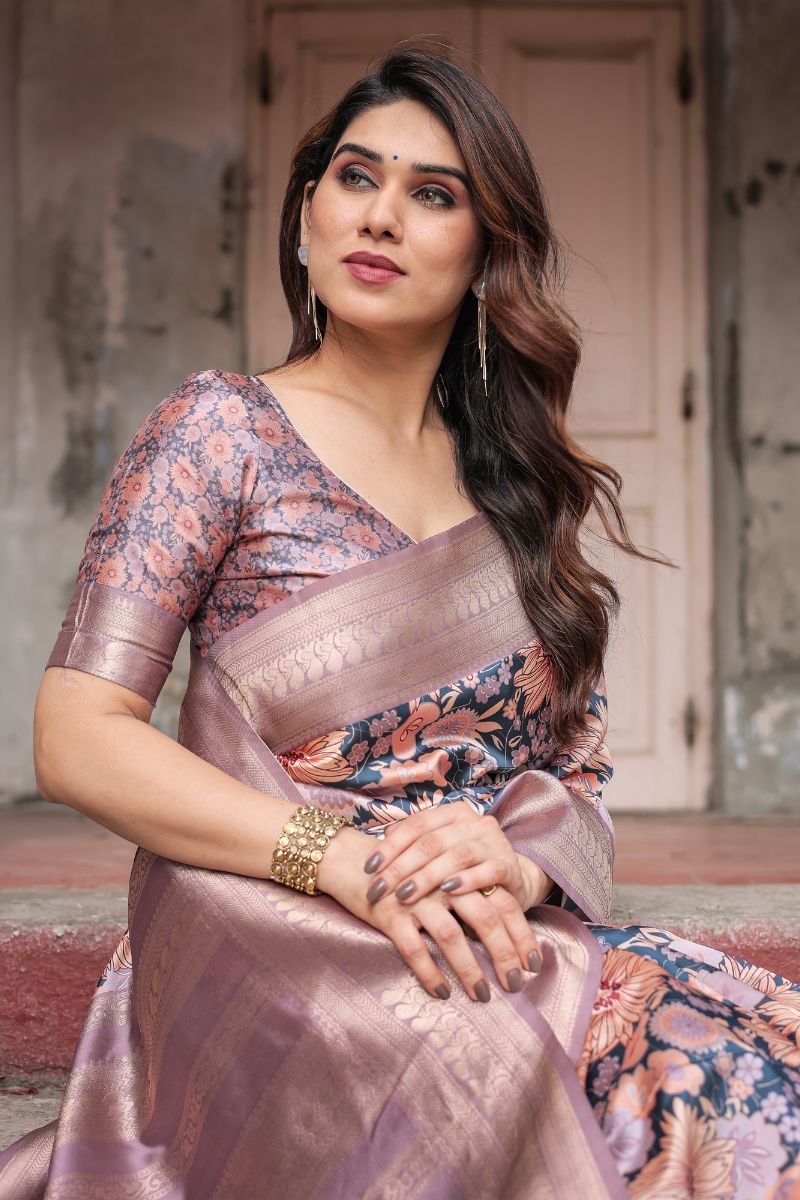 High-end Banarasi Silk Saree with Digital Floral Print