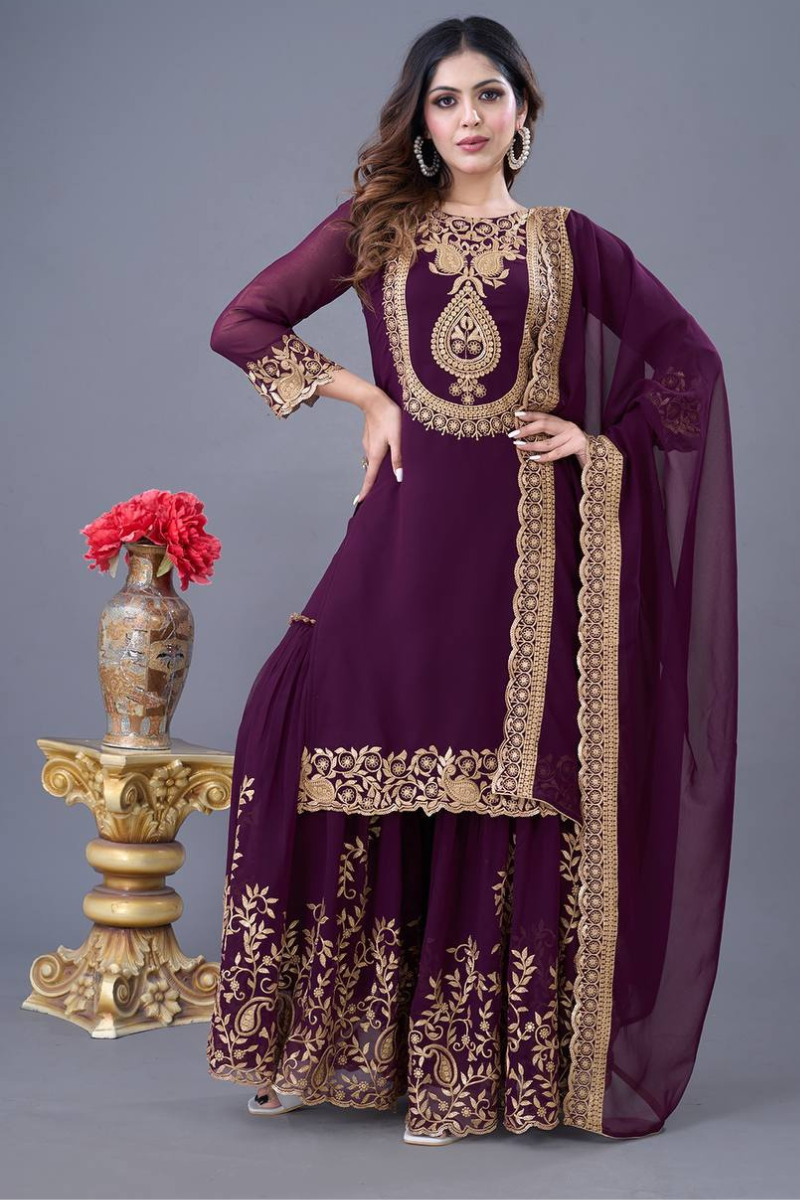 Blooming Faux Purple Three-piece Georgette Sharara Suit Set with Kurta Dupatta.