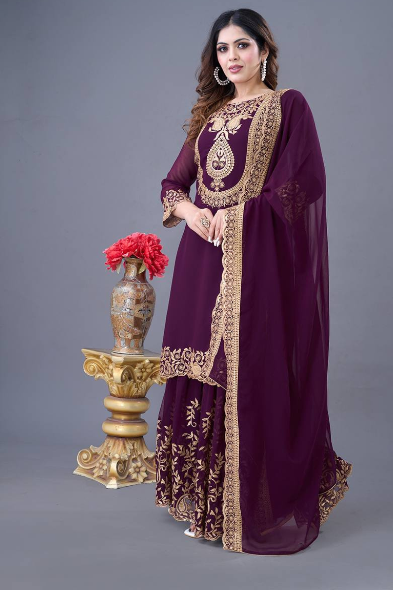 Blooming Faux Purple Three-piece Georgette Sharara Suit Set with Kurta Dupatta.