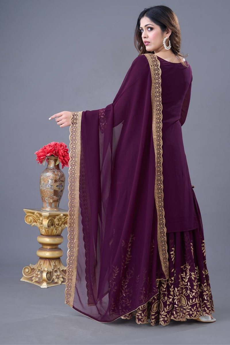Blooming Faux Purple Three-piece Georgette Sharara Suit Set with Kurta Dupatta.