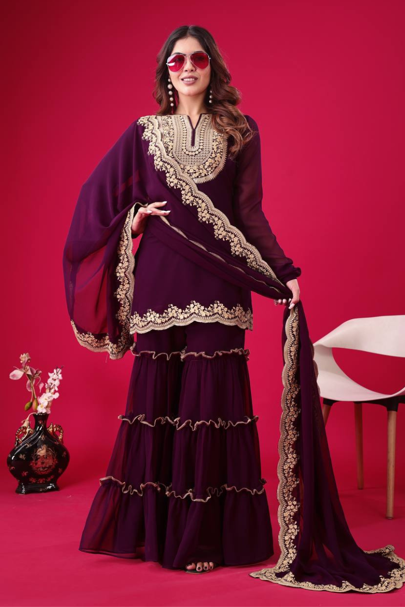 Blooming Faux Purple Sharara Dupatta Set in Georgette