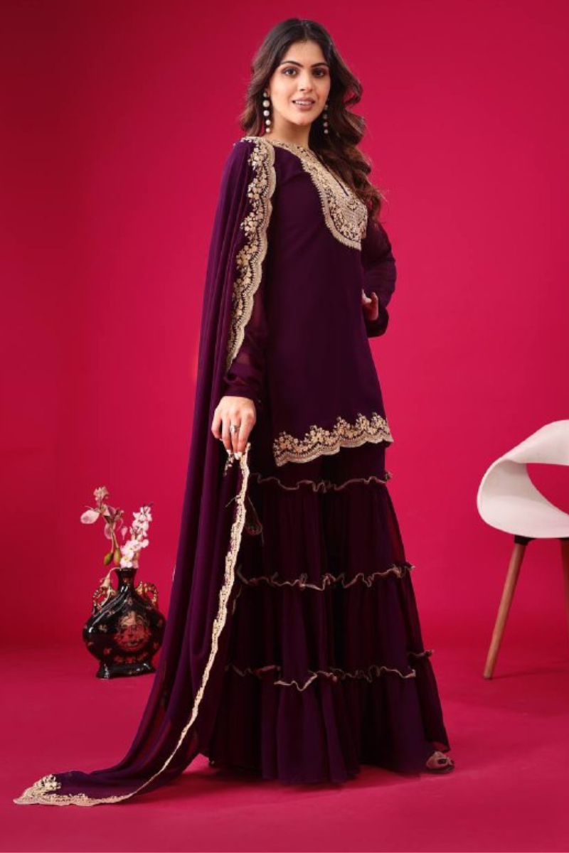 Blooming Faux Purple Sharara Dupatta Set in Georgette