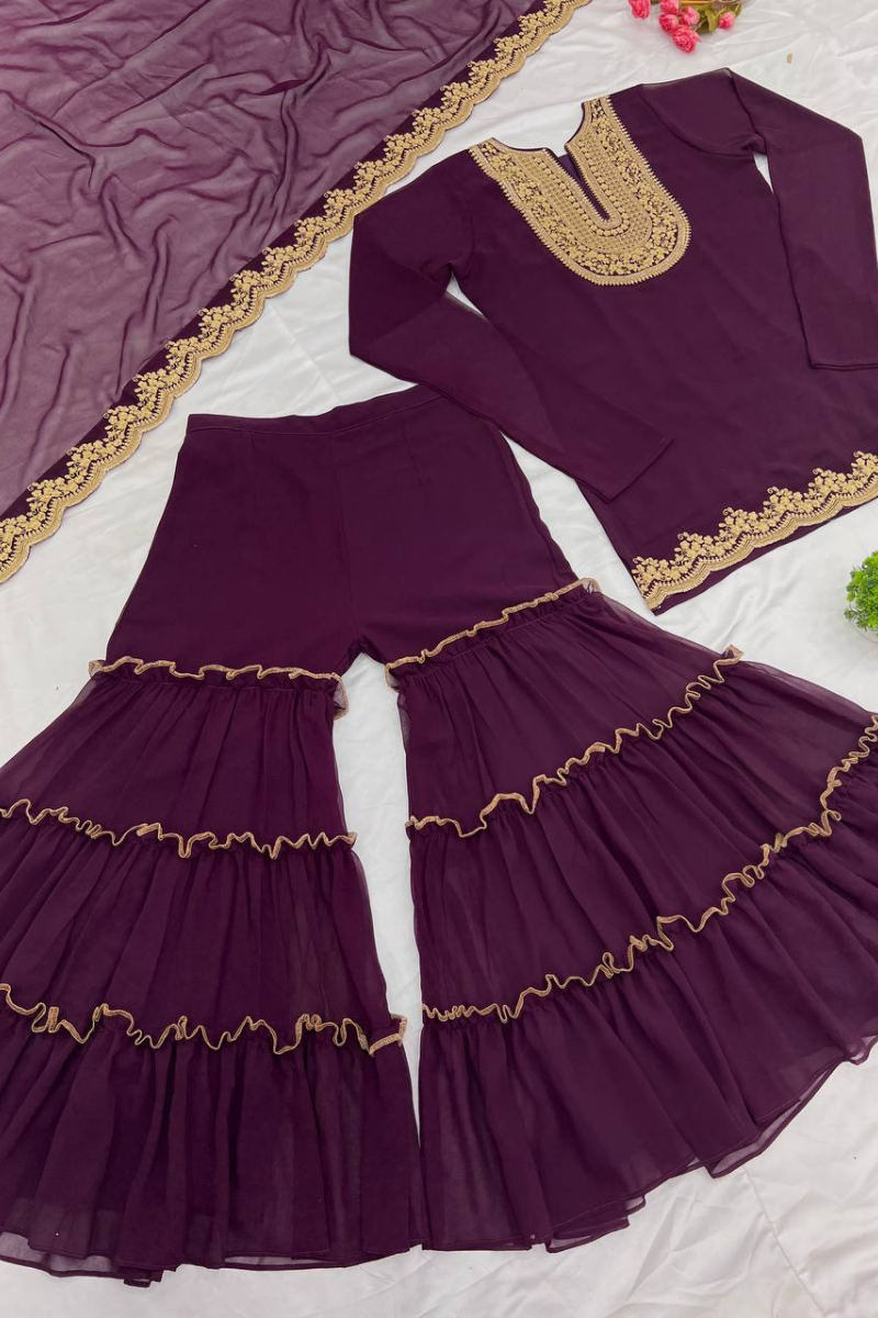 Blooming Faux Purple Sharara Dupatta Set in Georgette