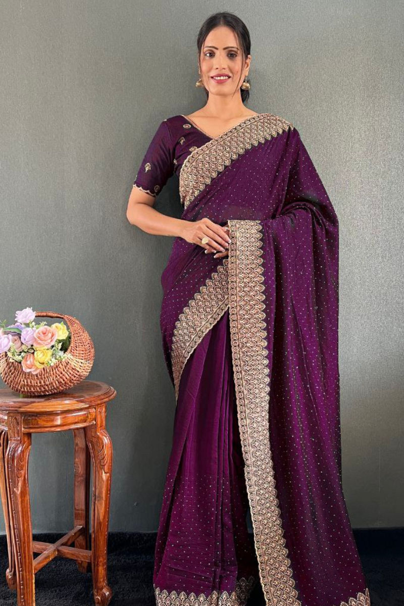 Vichitra silk saree in purple bloom with lovely Zari