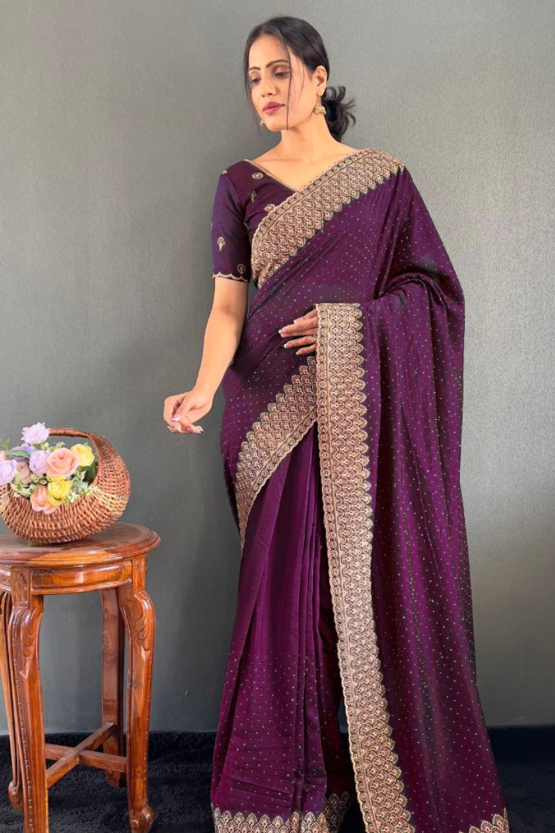 Vichitra silk saree in purple bloom with lovely Zari