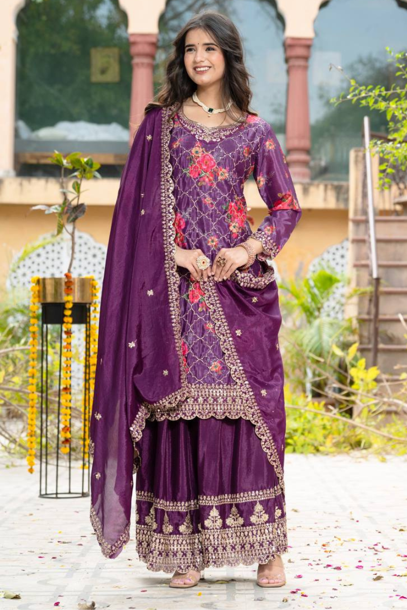 Embroidered Purple Chinon Kurta Dupatta Pant Sharara Suit Set