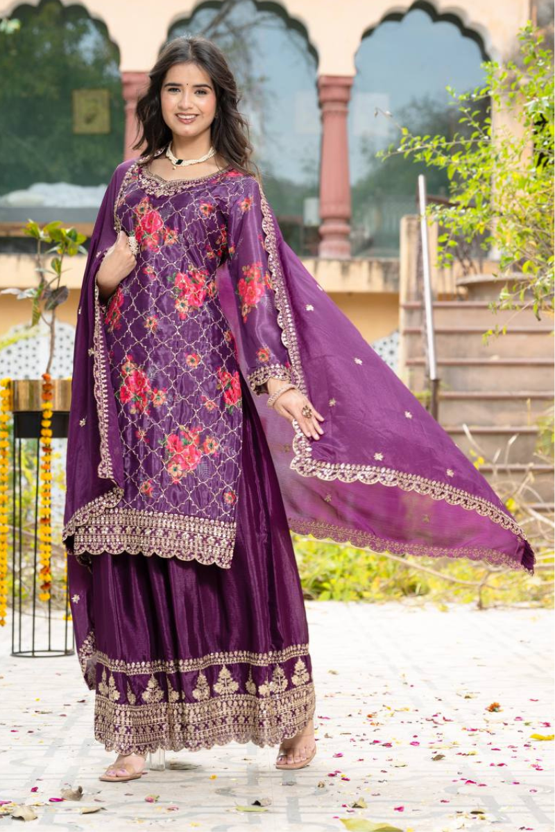 Embroidered Purple Chinon Kurta Dupatta Pant Sharara Suit Set
