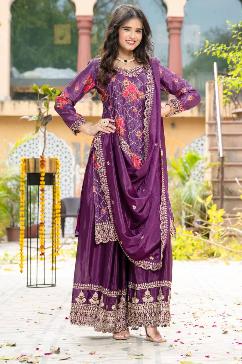 Embroidered Purple Chinon Kurta Dupatta Pant Sharara Suit Set
