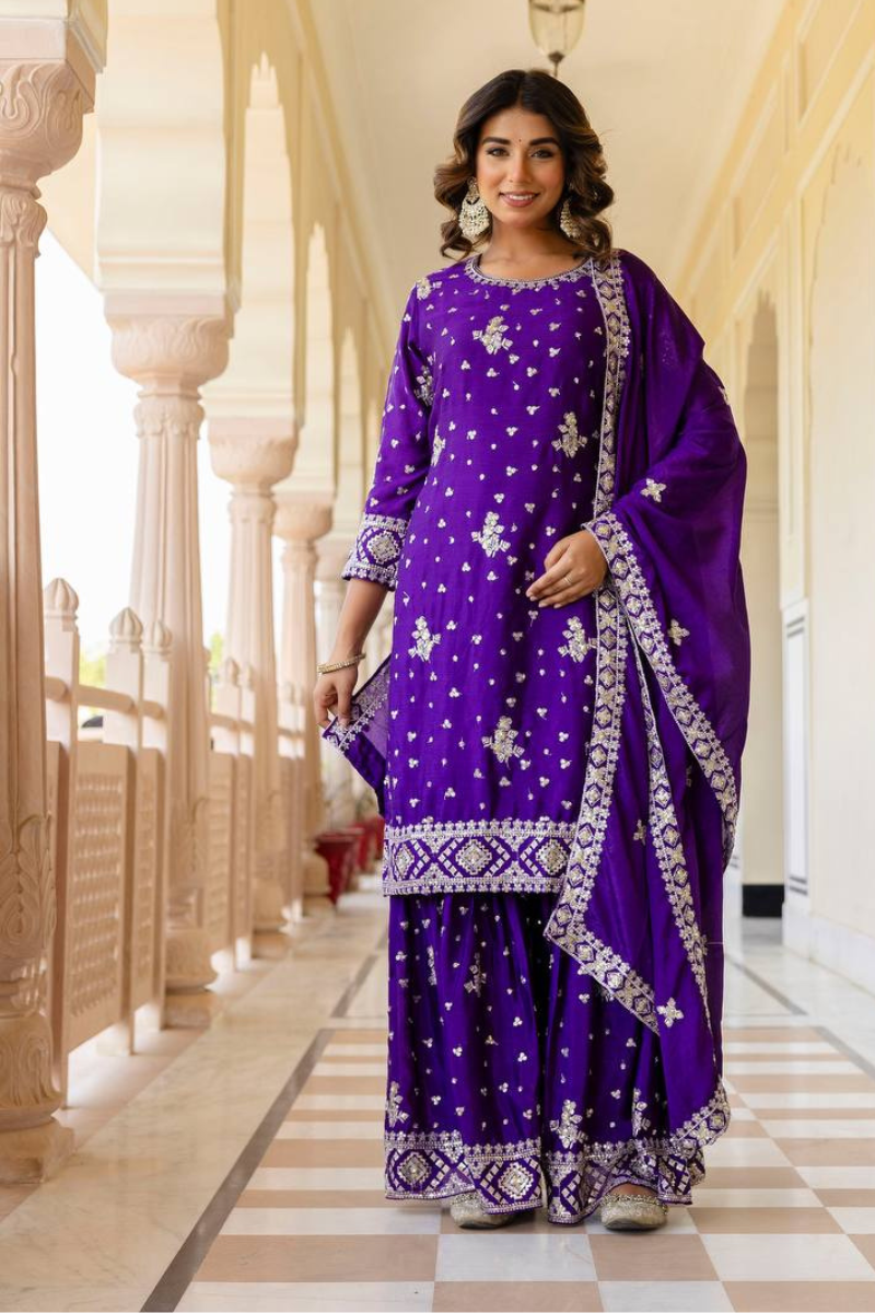 Embroidered Purple Chinon Kurta Pant Dupatta Set Sharara Suit
