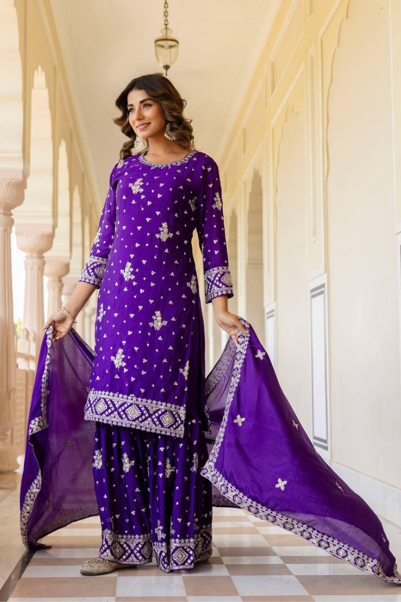 Embroidered Purple Chinon Kurta Pant Dupatta Set Sharara Suit