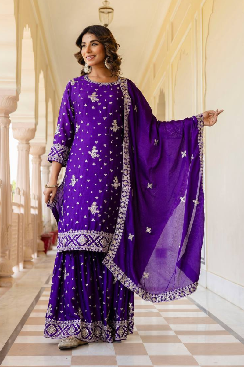 Embroidered Purple Chinon Kurta Pant Dupatta Set Sharara Suit