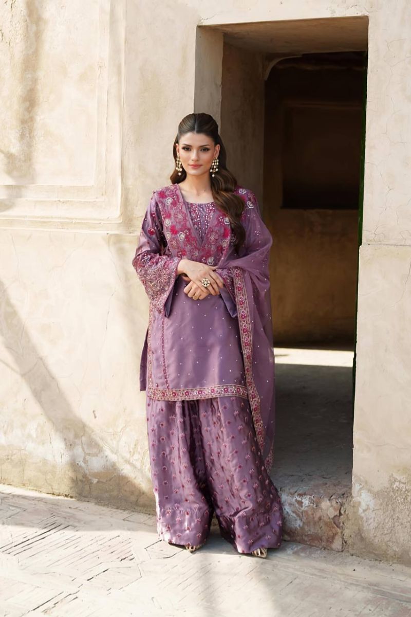 Embroidered Sharara Dupatta Suit Set in Purple Heavy Chinnon Silk