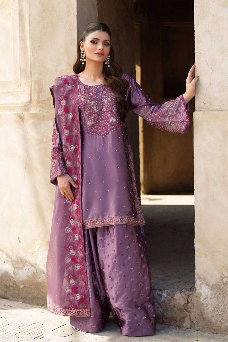 Embroidered Sharara Dupatta Suit Set in Purple Heavy Chinnon Silk