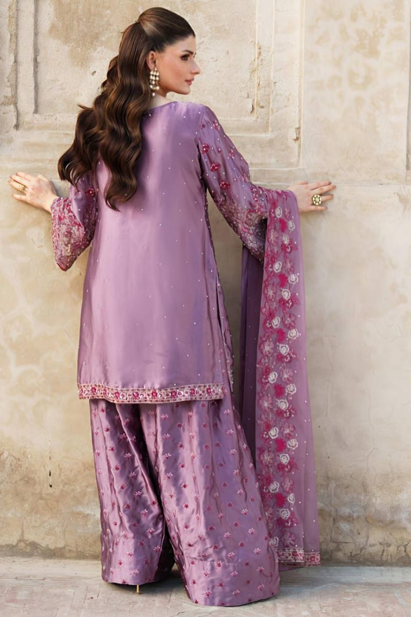 Embroidered Sharara Dupatta Suit Set in Purple Heavy Chinnon Silk