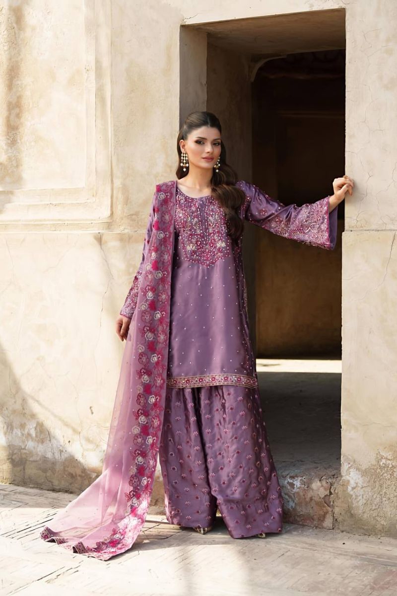 Embroidered Sharara Dupatta Suit Set in Purple Heavy Chinnon Silk