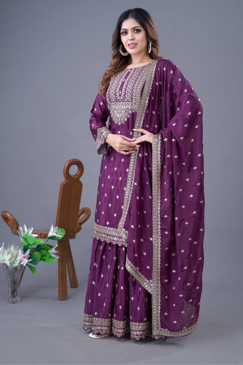 Sharara Dupatta Set in Purple Heavy Chinon Silk