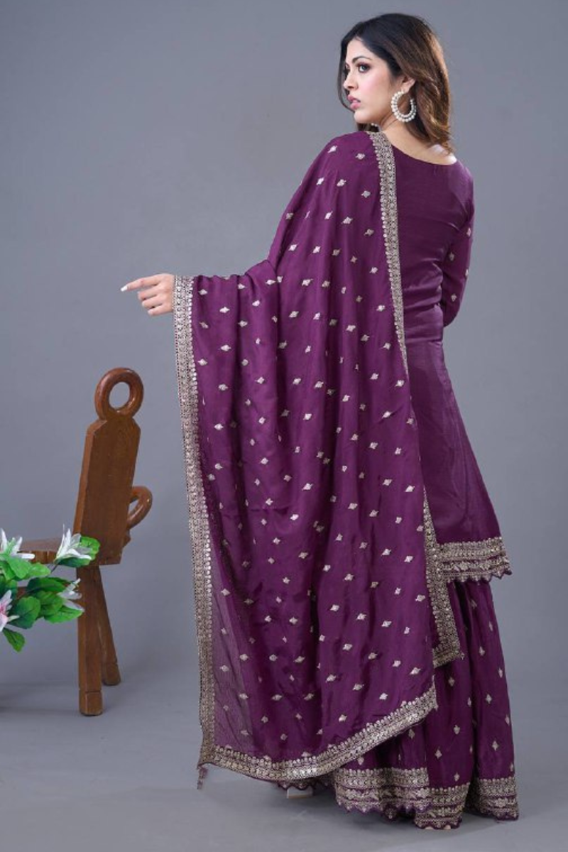 Sharara Dupatta Set in Purple Heavy Chinon Silk