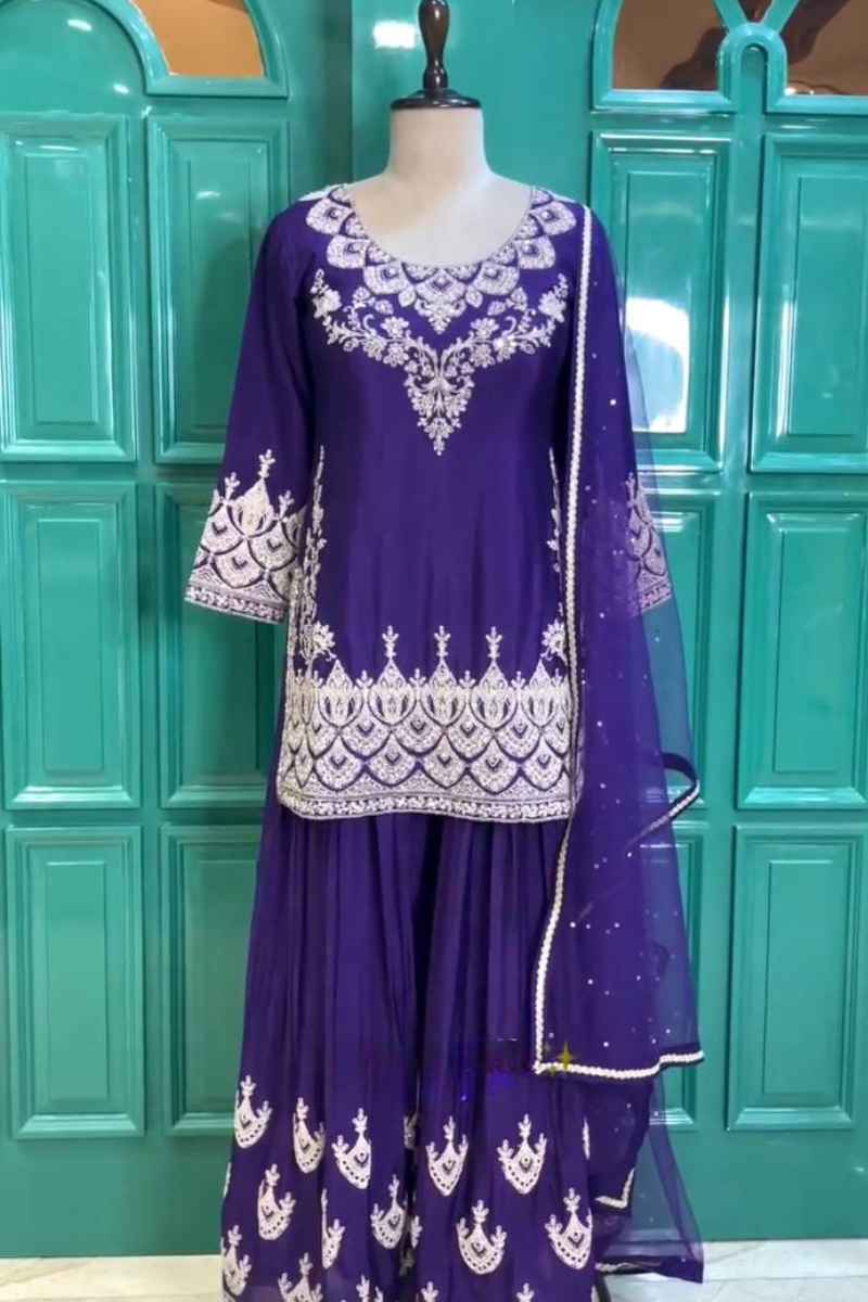 Embroidered Purple Heavy Chinon Silk Sharara Dupatta Set.