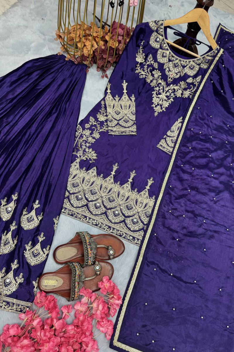 Embroidered Purple Heavy Chinon Silk Sharara Dupatta Set.