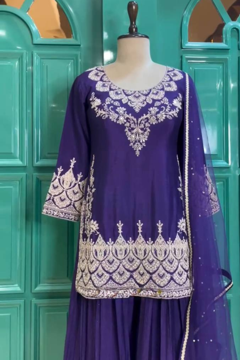 Embroidered Purple Heavy Chinon Silk Sharara Dupatta Set.