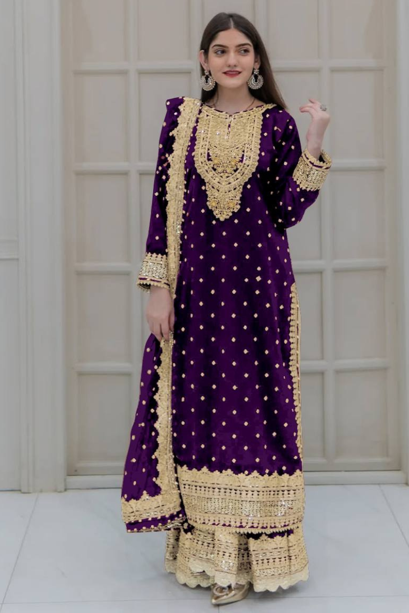 Sharara Dupatta Set in Purple Heavy Faux Georgette.