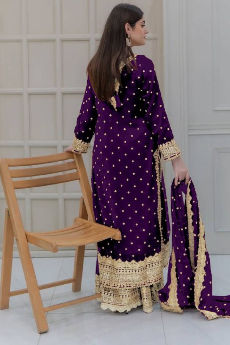 Sharara Dupatta Set in Purple Heavy Faux Georgette.