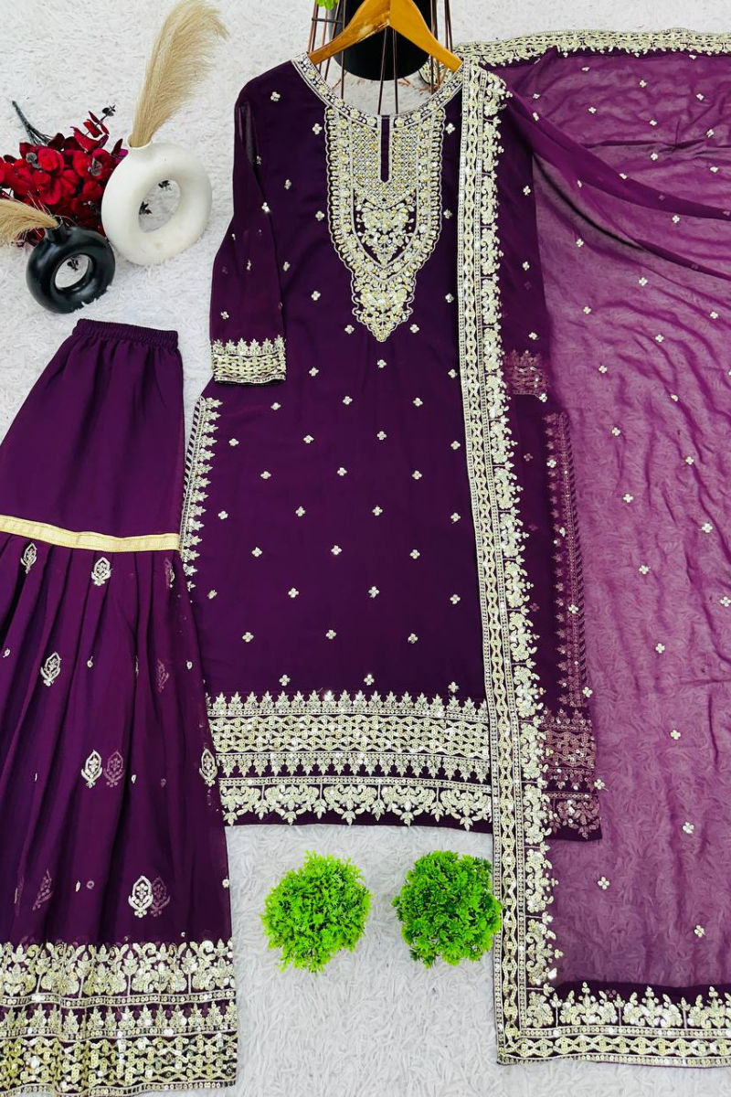 Sharara Dupatta Set in Purple Heavy Faux Georgette.