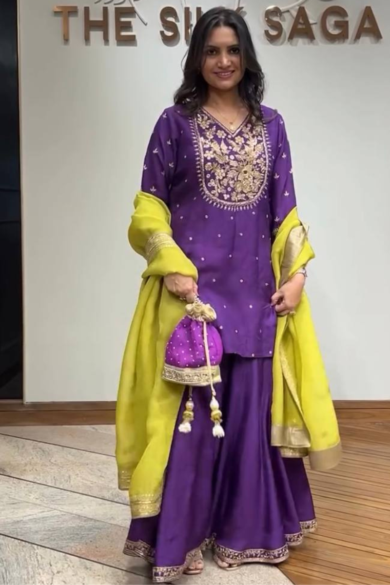 Purple Sharara Dupatta Set in Heavy Pure Chinnon Silk