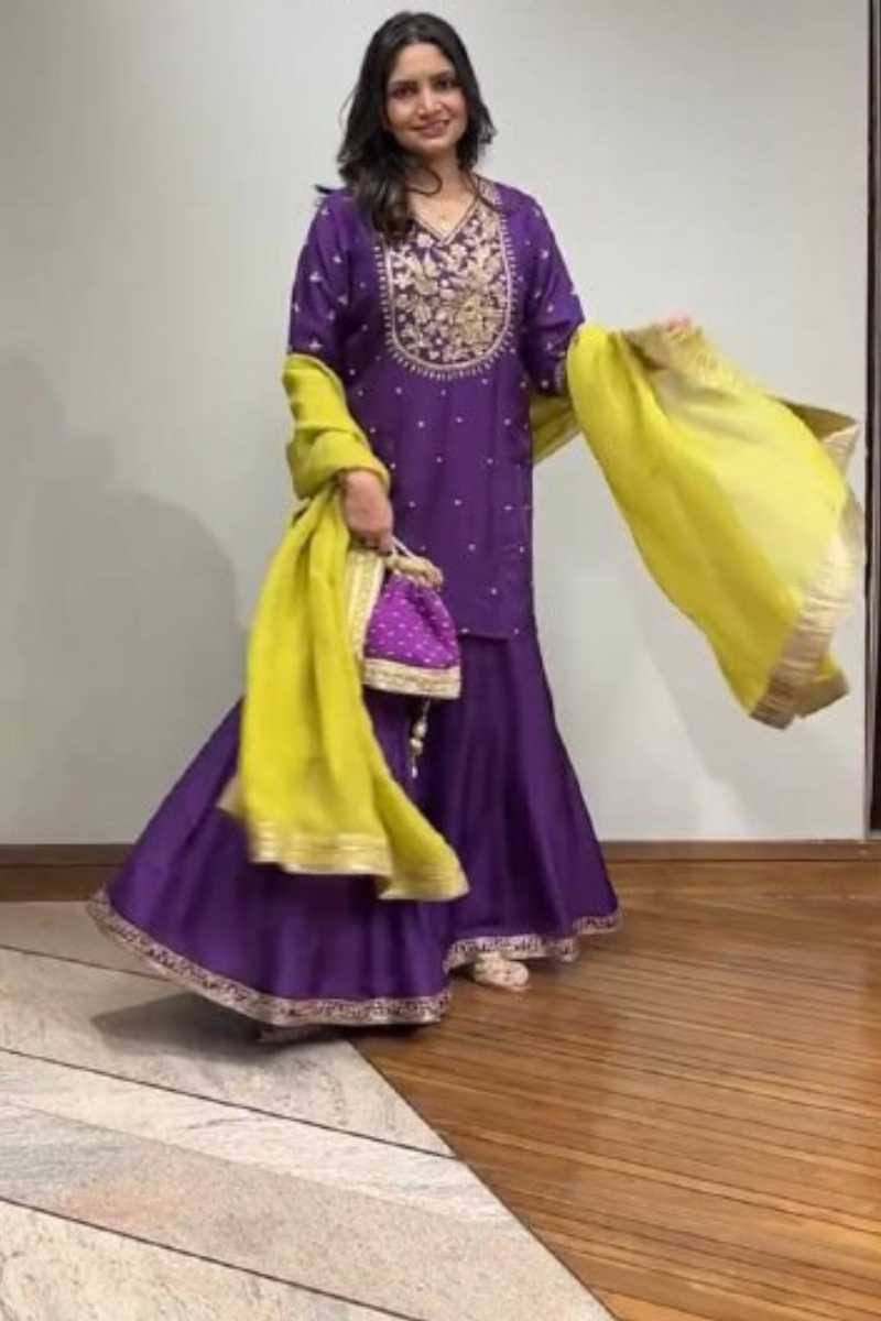 Purple Sharara Dupatta Set in Heavy Pure Chinnon Silk