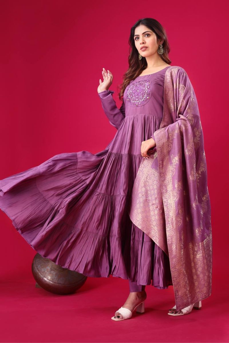 Purple Anarkali Gown Made of Heavy Roman Silk with Embroidered Dupatta