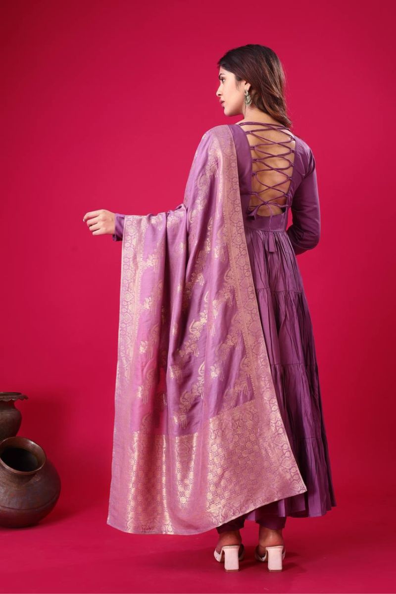 Purple Anarkali Gown Made of Heavy Roman Silk with Embroidered Dupatta