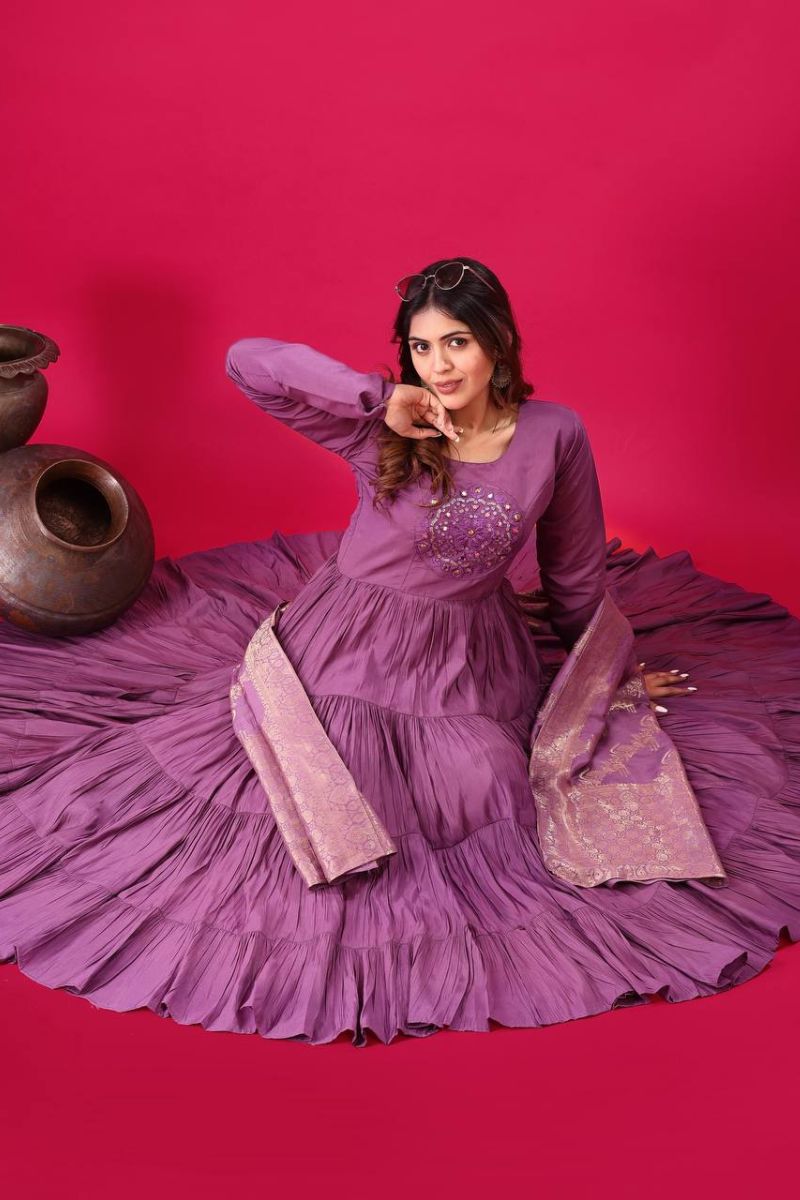 Purple Anarkali Gown Made of Heavy Roman Silk with Embroidered Dupatta