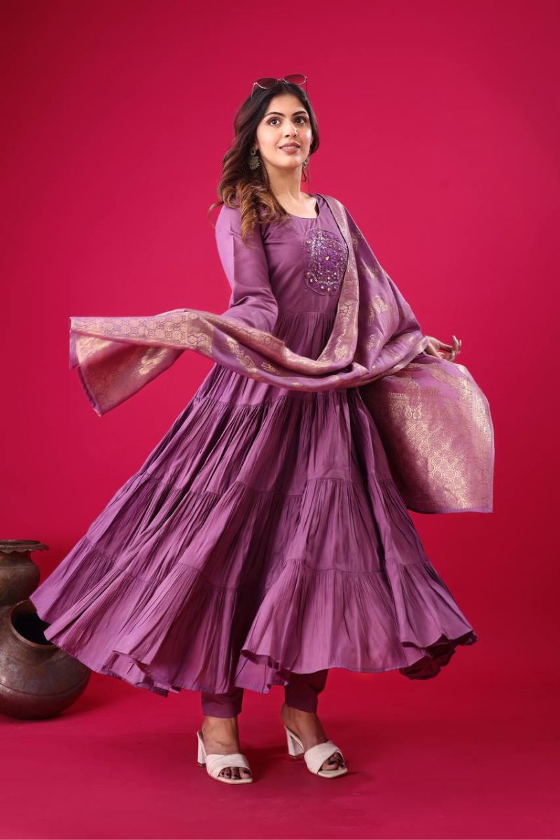 Purple Anarkali Gown Made of Heavy Roman Silk with Embroidered Dupatta