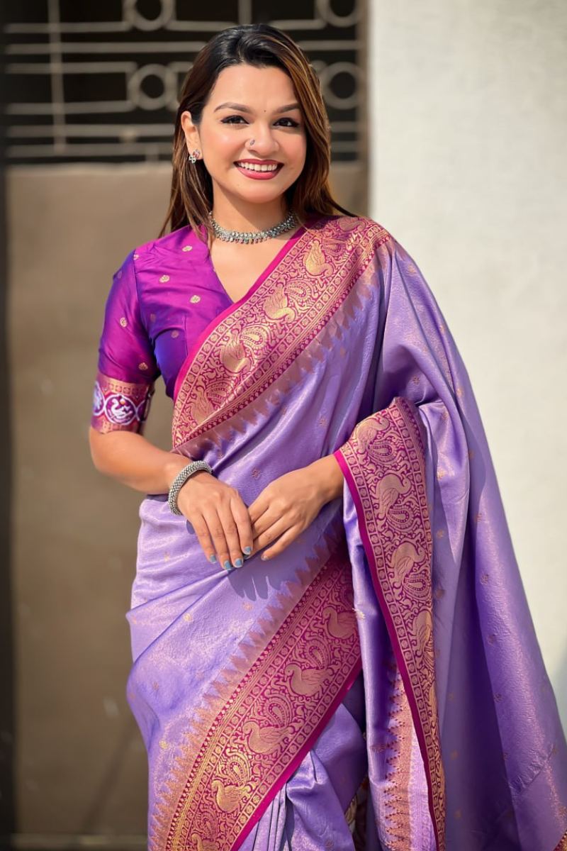 Floral-patterned purple Katki Silk Sarees