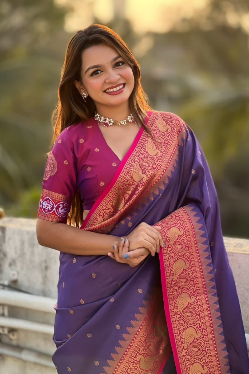 Floral-patterned purple Katki Silk Sarees
