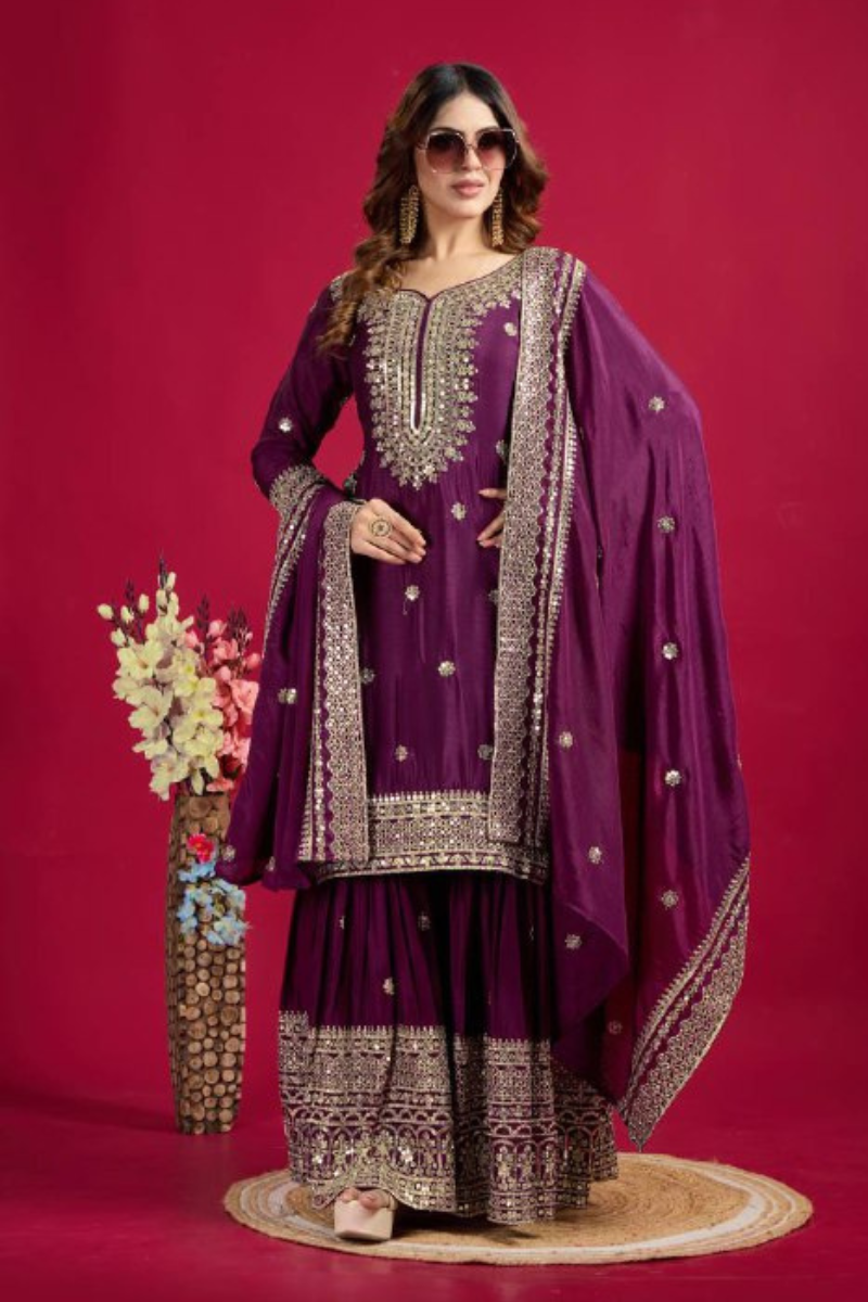 Sharara Dupatta Set in Purple Pure Heavy Chinnon Embroidered